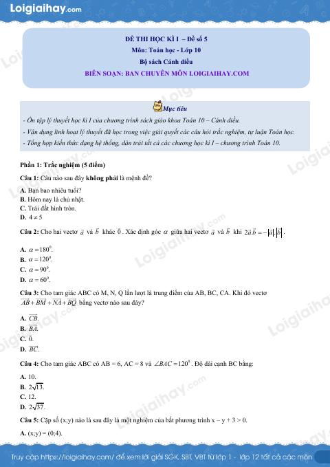 Đề thi học kì 1 Toán 10 Cánh diều - Đề số 5